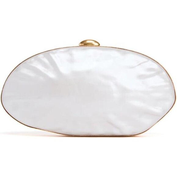 Pearl Shell Ivory Acrylic Evening Clutch Gold Frame Compact Elegant